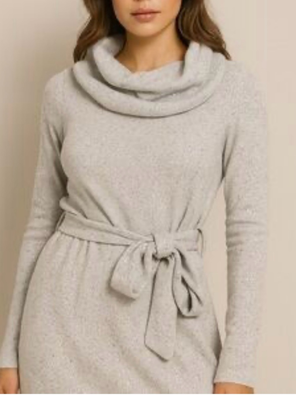 New Cozy Cowl Neck Tie-Waist Sweater Dress - Gray with Silver Specks. Size L